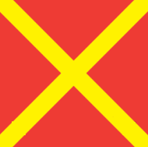 A horizontal red square panel with yellow diagonals